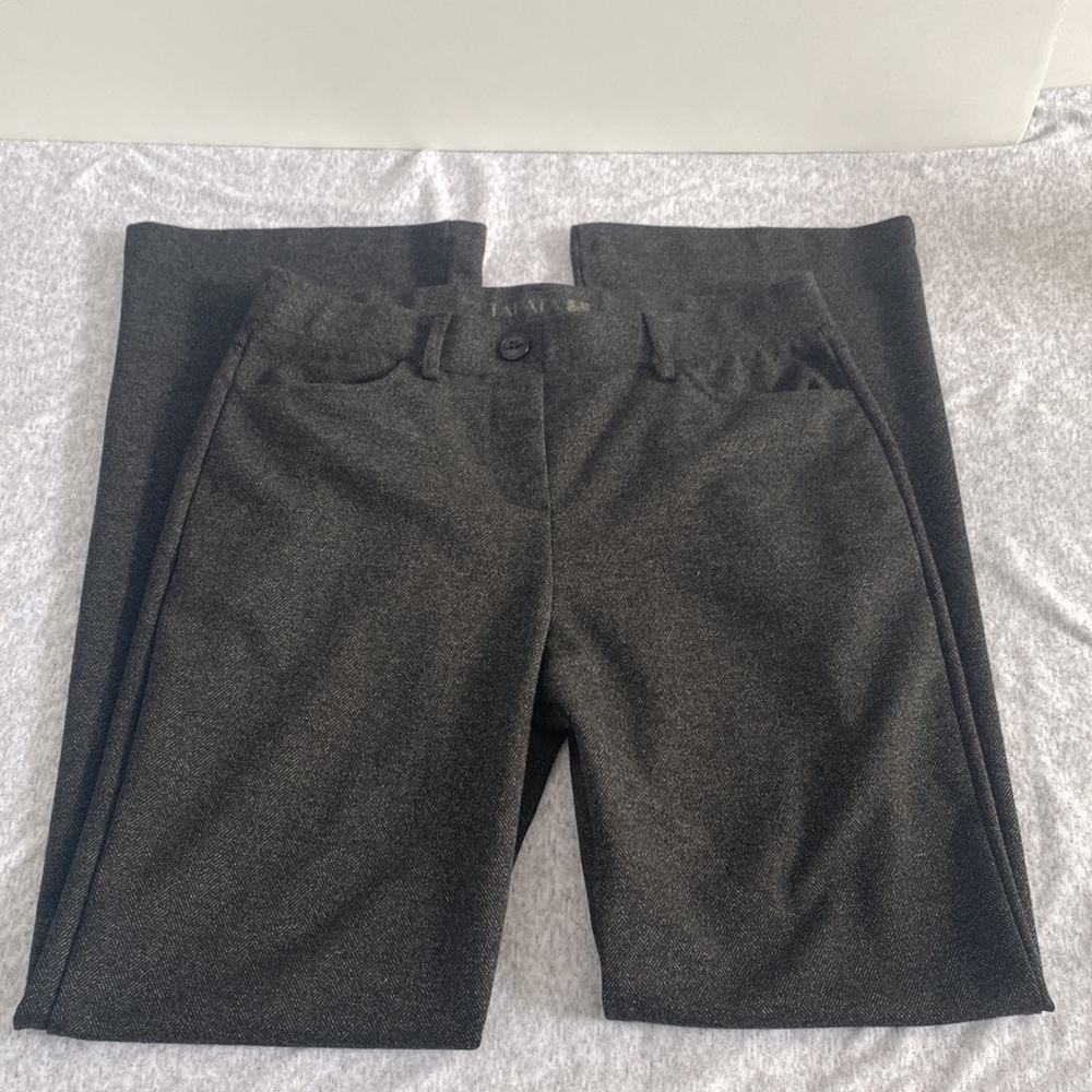 Flare leg slubby dark gray mid rise formal office pull on black trousers sz M